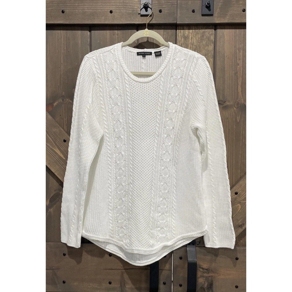 Jeanne Pierre White Cable Knit Sweater Fisherman Crew Neck 100% Cotton Women's L